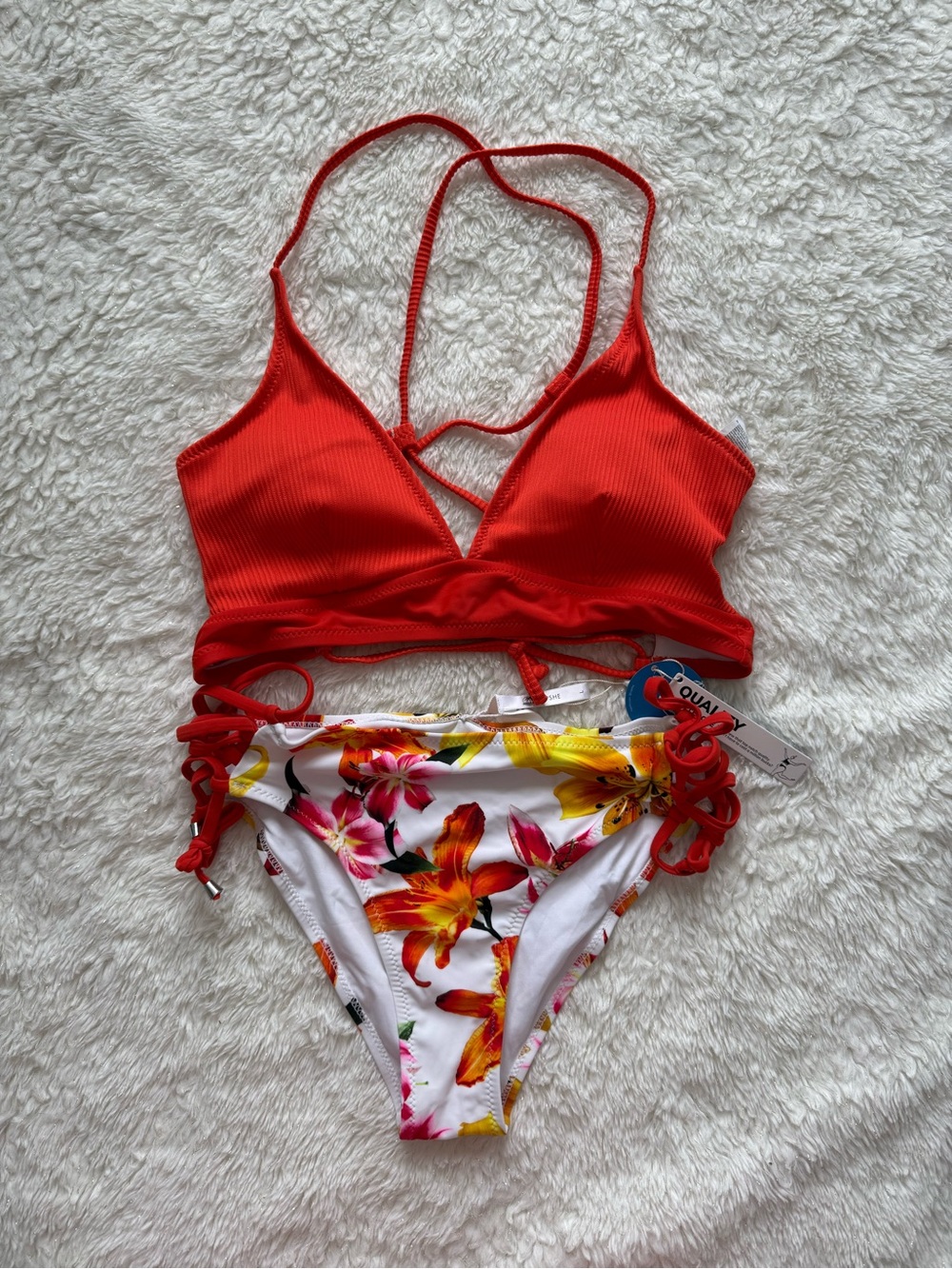 Cupshe Red Ribbed Wrap Bikini Top with Floral Lace-Up Bottom